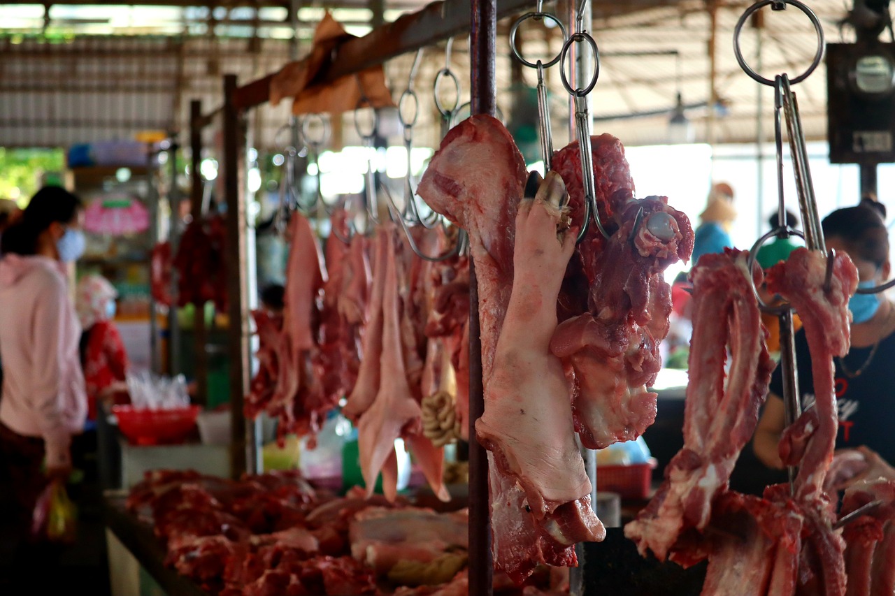956 COVID Origins meat hanging in an open air market