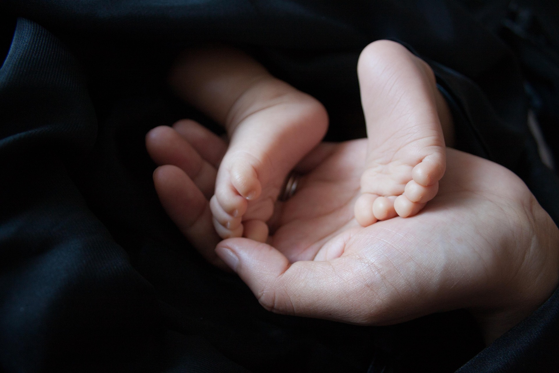 Adult hands holding baby feet